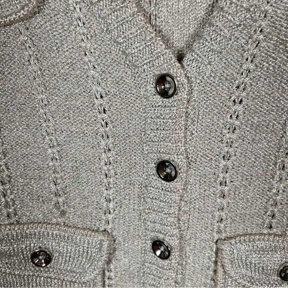 White House Black Market Silver Metallic Ecru Shimmer Sweater Jacket XXS 4/6 - Picture 4 of 8